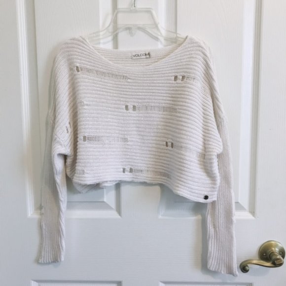 Volcom Off White Ripped Crop Sweater